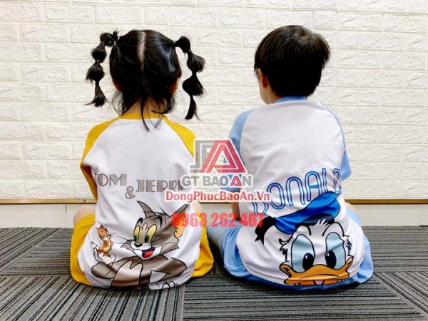 [Có Sẵn] Bộ đồ trẻ em Bảo An Kids hình in Vịt Donald màu xanh - Bộ quần áo mặc nhà bé gái, bé trai Cá Sấu Bamboo