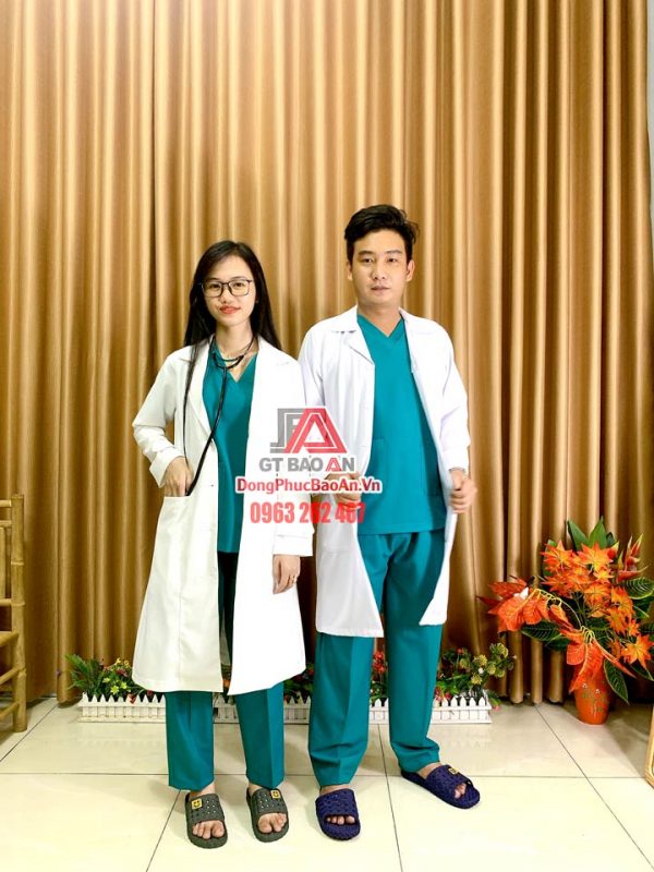 [May Sẵn] Bộ Scrubs bác sĩ cao cấp màu xanh ngọc lam - Bộ quần áo Blouse nam nữ cổ tim cho hộ lý, điều dưỡng bệnh viện