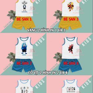 [Có sẵn] Đồ bộ sát nách quần đùi vải Bamboo hình in Sans cho bé từ 4 đến 10 tuổi