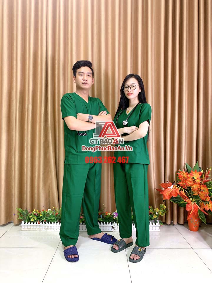 [May Sẵn] Bộ Scrubs bác sĩ phòng mổ màu xanh lá - Bộ quần áo nam nữ phẫu thuật viên, hộ lý, điều dưỡng cao cấp vải Kate Ford SG