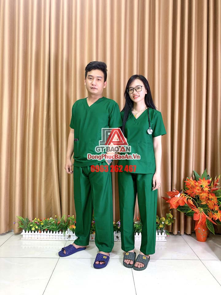 [May Sẵn] Bộ Scrubs bác sĩ phòng mổ màu xanh lá - Bộ quần áo nam nữ phẫu thuật viên, hộ lý, điều dưỡng cao cấp vải Kate Ford SG