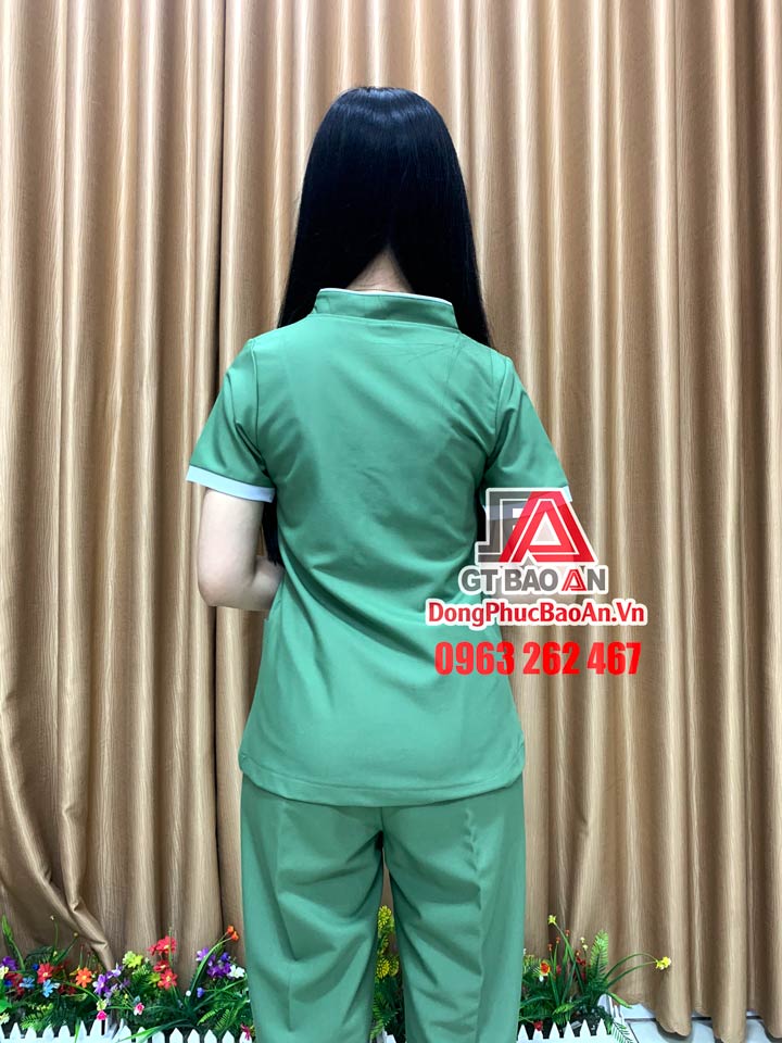 [May Sẵn] Bộ Scrubs đồng phục điều dưỡng cao cấp màu Xanh Vỏ Đậu - Quần áo Blouse cổ tim cho nữ y tá, điều dưỡng, hộ lý bệnh viện, nhân viên spa - thẩm mỹ viện
