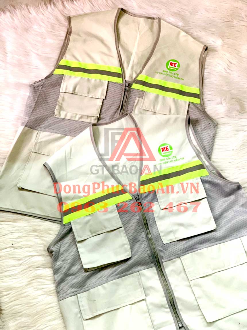 Đặt may áo gile bảo hộ phản quang có in logo theo yêu cầu TPHCM - Mẫu áo gile nhiều túi GME