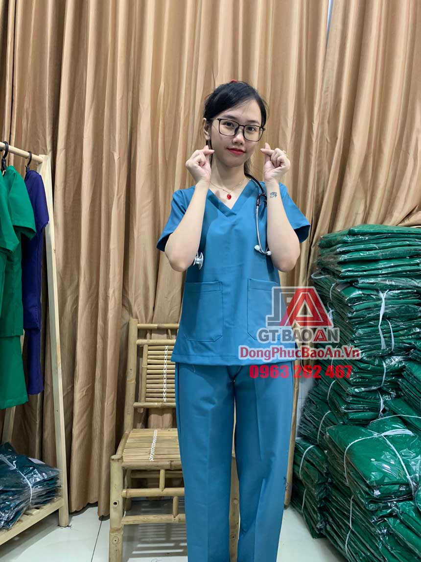Bộ Scrubs y khoa, Bộ quần áo bác sĩ phẫu thuật, y tá cổ tim màu Cổ Vịt cao cấp - vải Cotton thun Hàn Quốc