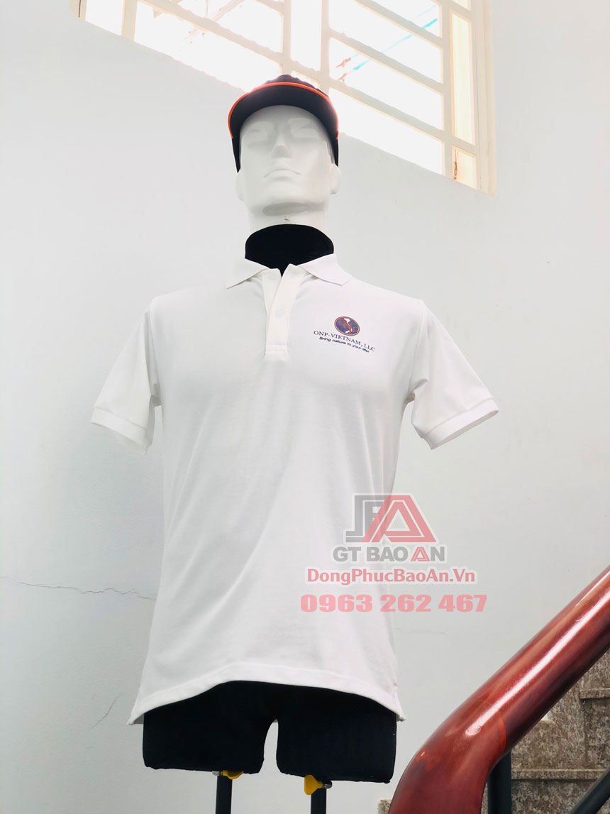 Áo thun đồng phục công ty cổ trụ màu trắng có in logo - Mẫu áo đồng phục công ty đẹp ONP Vietnam, LLC