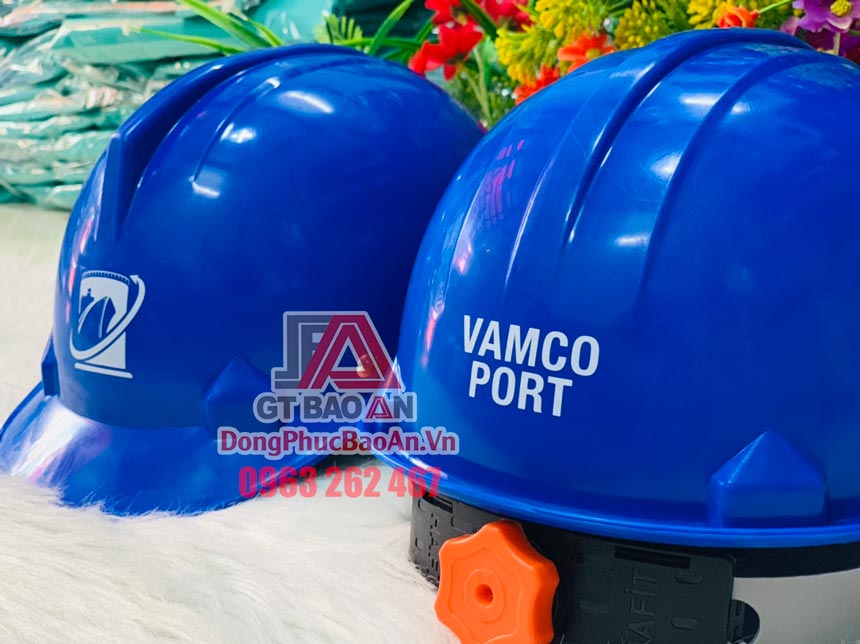 Xưởng đặt làm nón bảo hộ lao động in logo theo yêu cầu TPHCM - Mẫu nón bảo hộ xanh dương VAMCO PORT