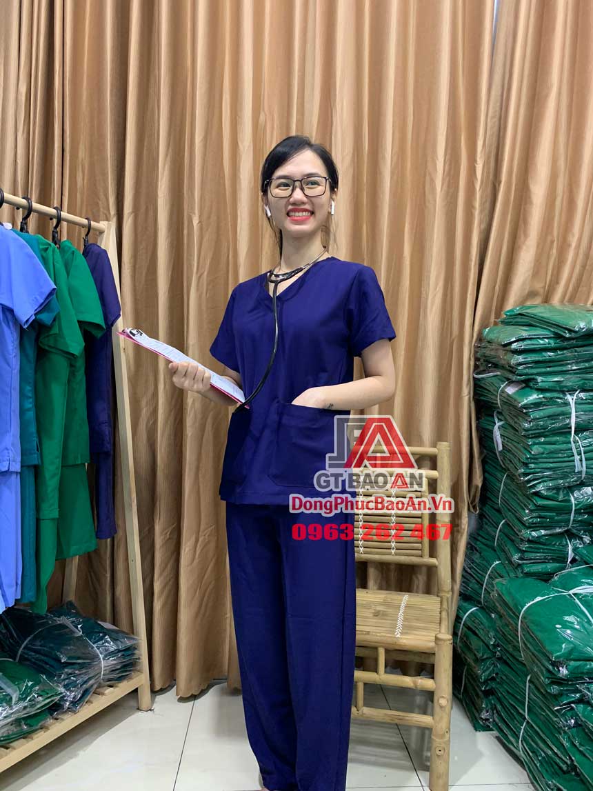 Bộ Scrubs bác sĩ cổ tim, Quần áo đồng phục y tá điều dưỡng cao cấp màu xanh bích đậm - vải cotton thun Hàn Quốc