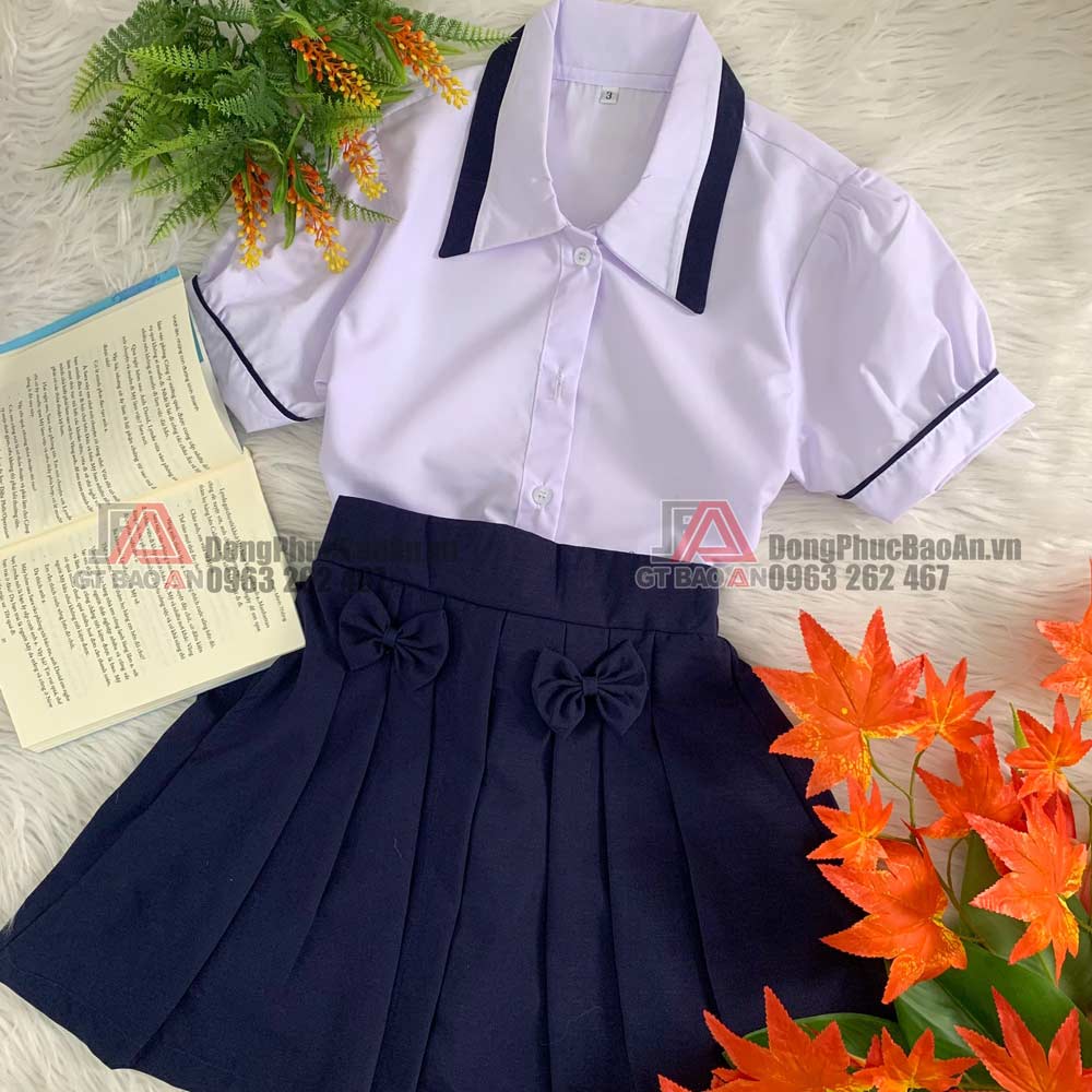 Bộ đồng phục học sinh nữ tiểu học áo trắng váy xanh cơ bản  Thiết kế may  đo chân váy đầm học sinh các loại theo mẫu  Đồng phục Vĩnh Phát