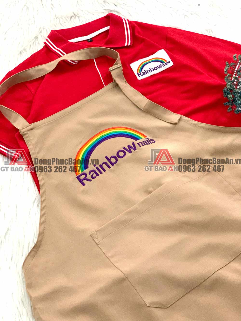 Combo áo đồng phục, tạp dề tiệm nail, spa đẹp có thêu logo theo yêu cầu - Rainbow Nails