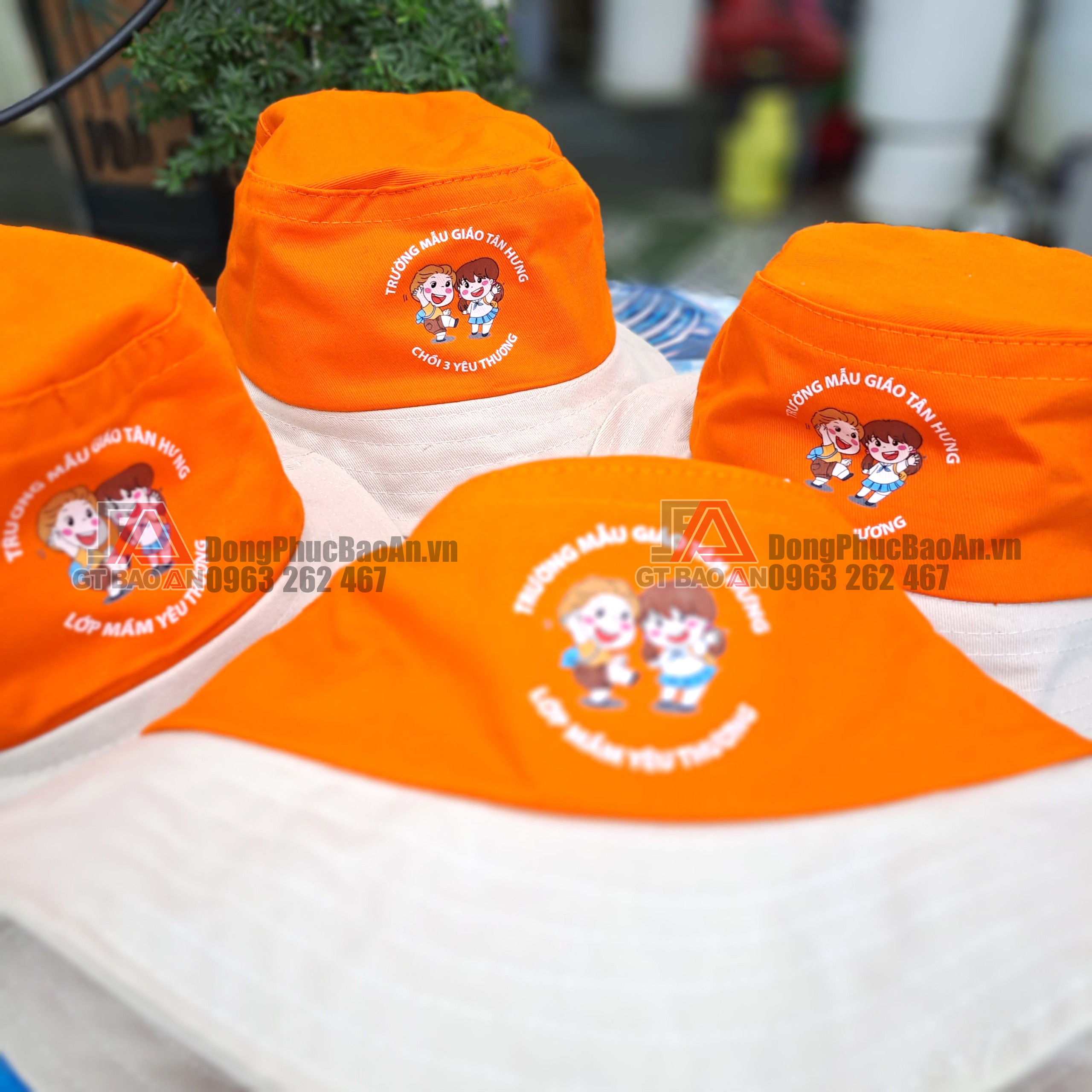 Nhận in logo nón tai bèo trẻ em màu cam, in nhanh với số lượng ít giá rẻ TPHCM - Trường mẫu giáo Tân Hưng