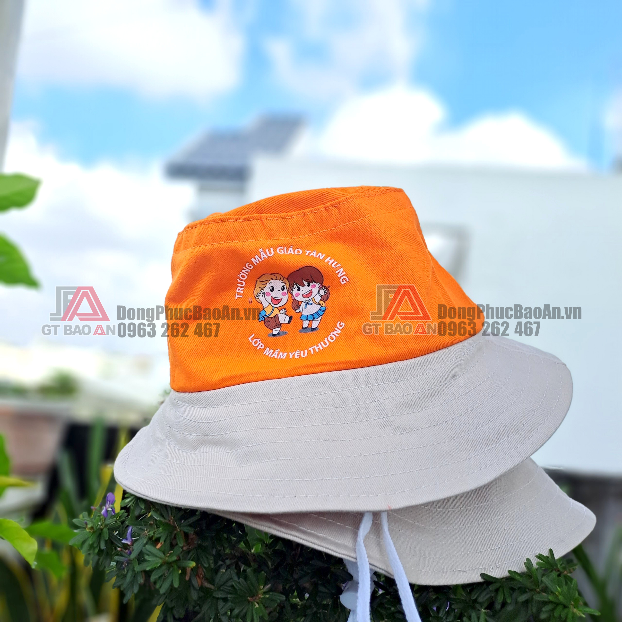 Nhận in logo nón tai bèo trẻ em màu cam, in nhanh với số lượng ít giá rẻ TPHCM - Trường mẫu giáo Tân Hưng