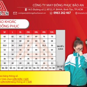 Bảng size của áo khoác đồng phục học sinh