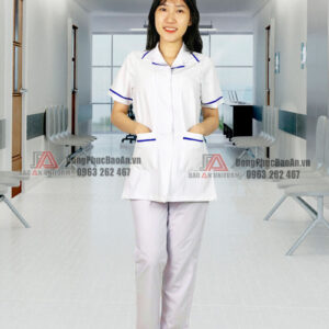 áo blouse dược sĩ nữ cổ viền xanh dương