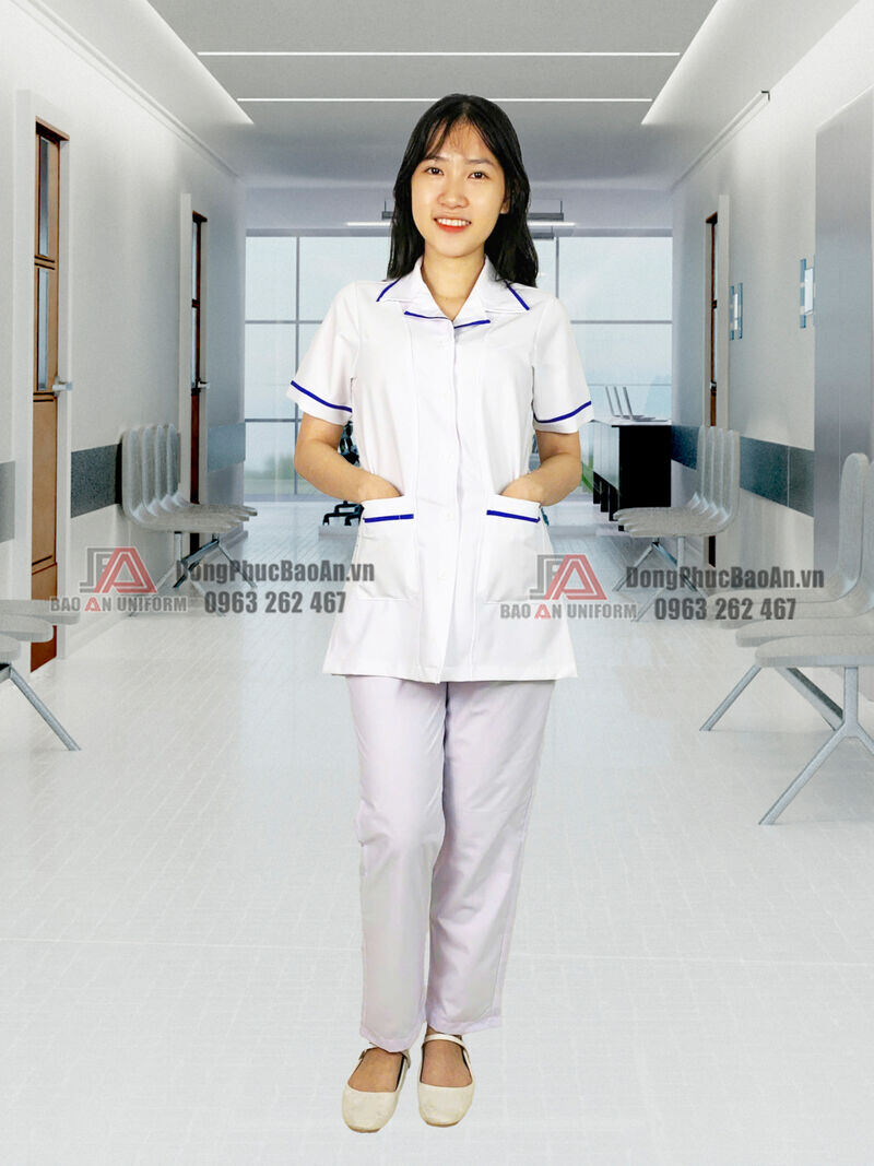 áo blouse dược sĩ nữ cổ viền xanh dương