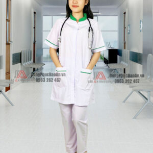 áo blouse dược sĩ nữ trắng cổ trụ xanh lá