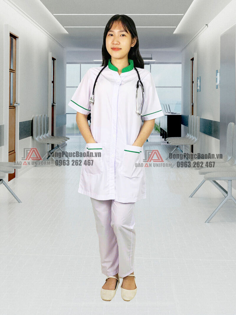 áo blouse dược sĩ nữ trắng cổ trụ xanh lá