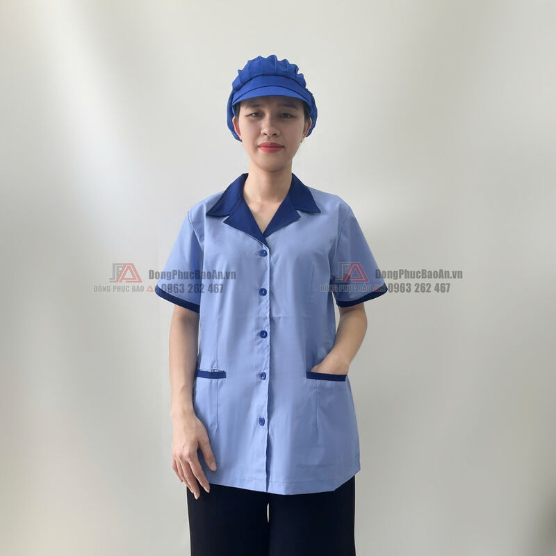 áo tạp vụ màu xanh biển môn