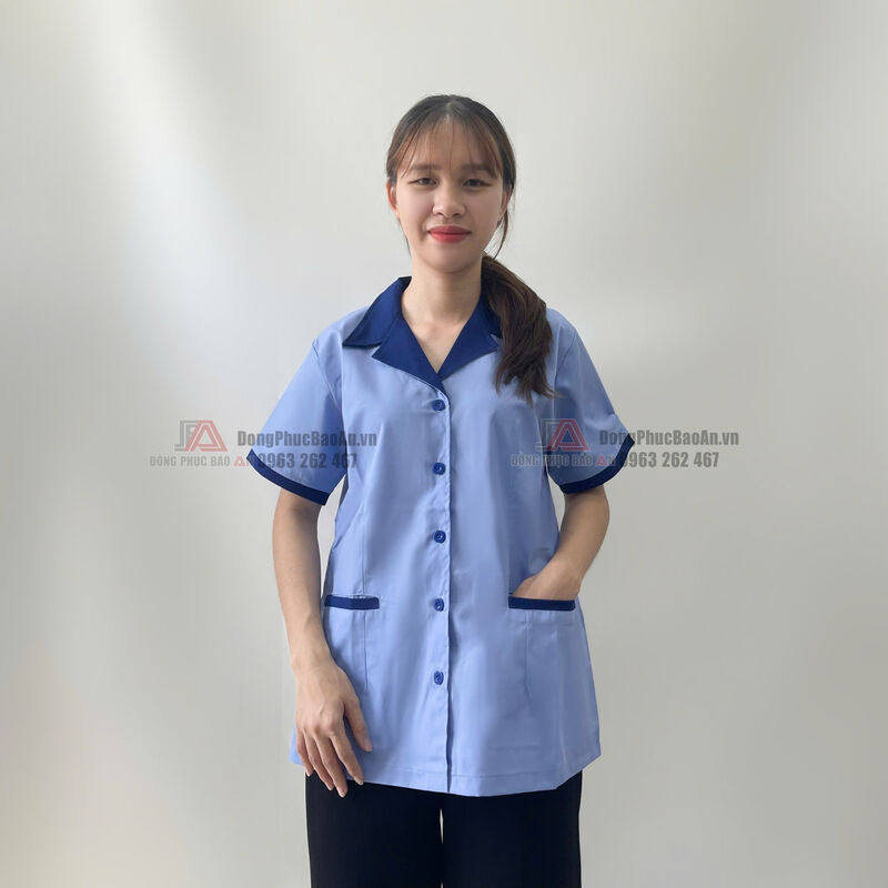 áo tạp vụ nữ màu xanh biển môn