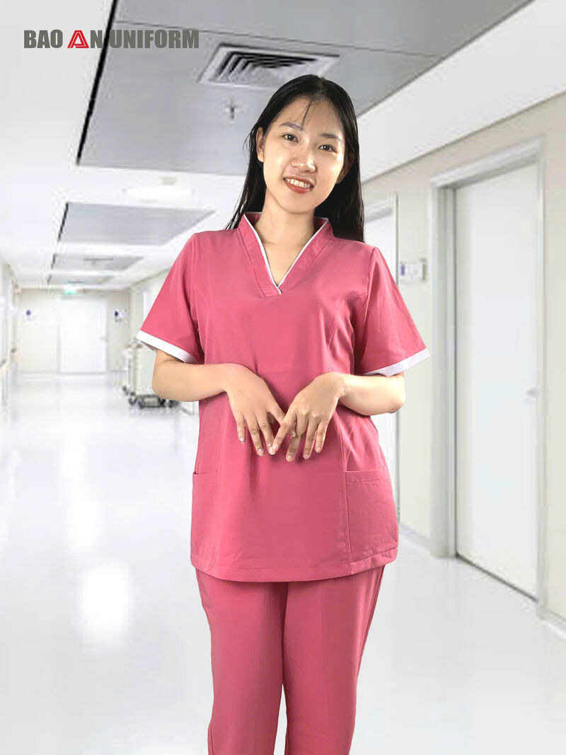 bộ scrubs nữ hồng nhạt phối trắng