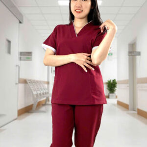 bộ scrubs nữ cổ tim, tay ngắn, màu đỏ đô viền trắng