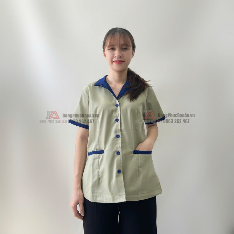 mẫu áo tạp vụ màu xám phối xanh bích