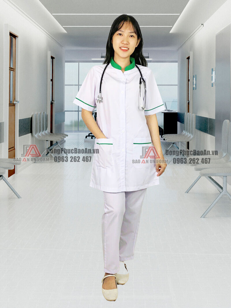 thông tin áo dược sĩ nữ cổ trụ màu xanh lá
