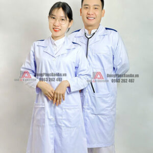áo blouse trắng cầu vai xanh tay dài cổ bẻ chất kaki 65/35