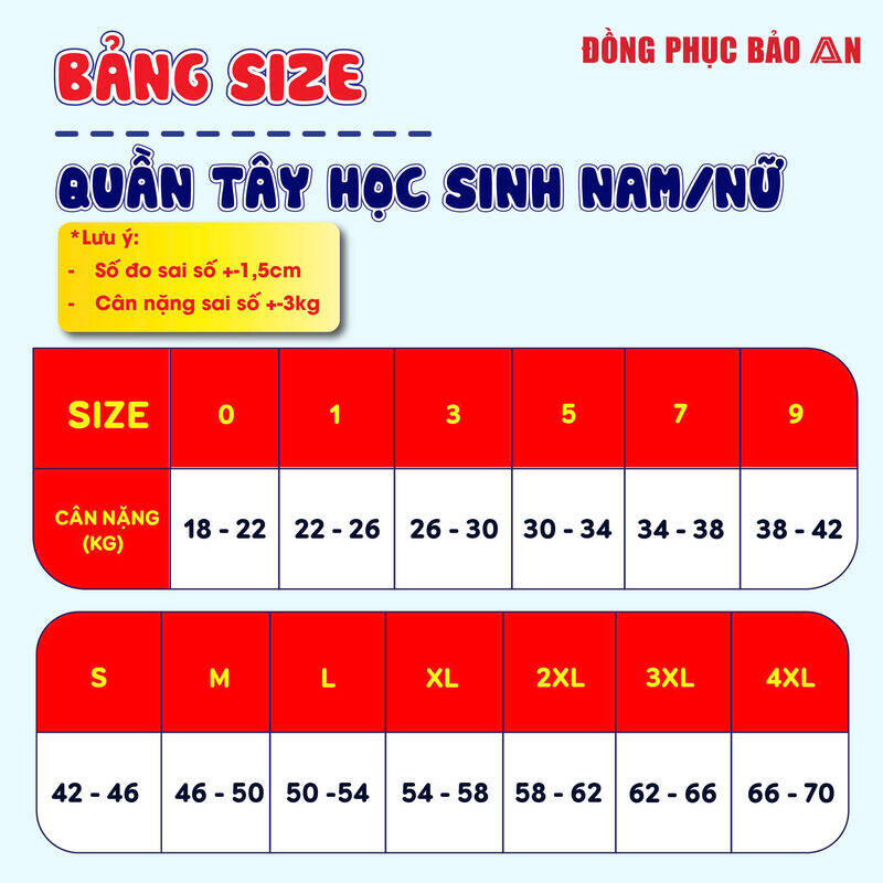 bảng size quần tây học sinh