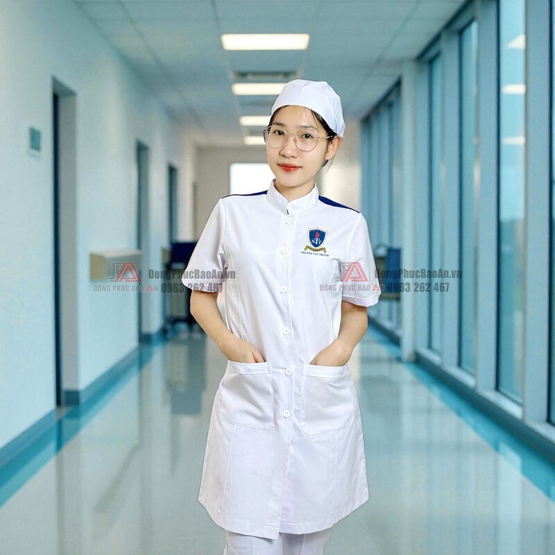 thiết kế áo blouse cầu vai xanh